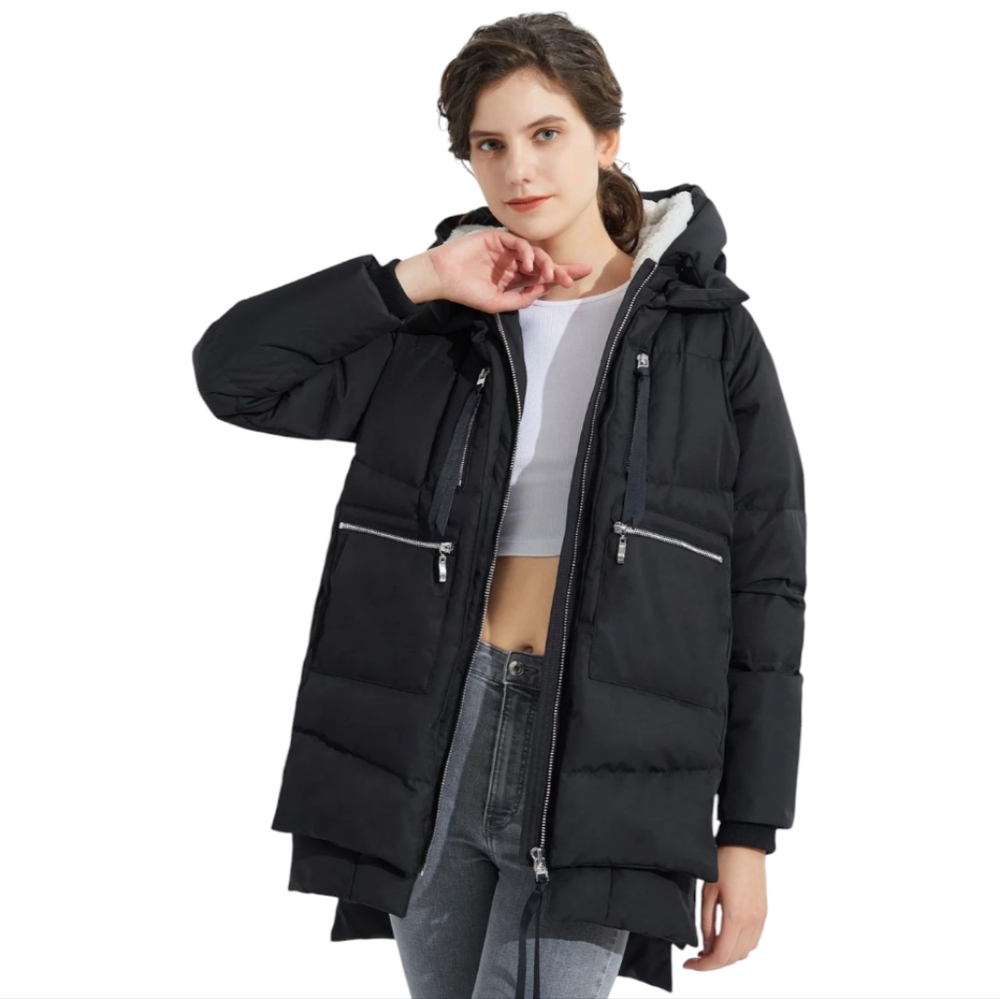 OROLAY multi zip goosedown/feather hooded puffer jacket black sz XXS like new